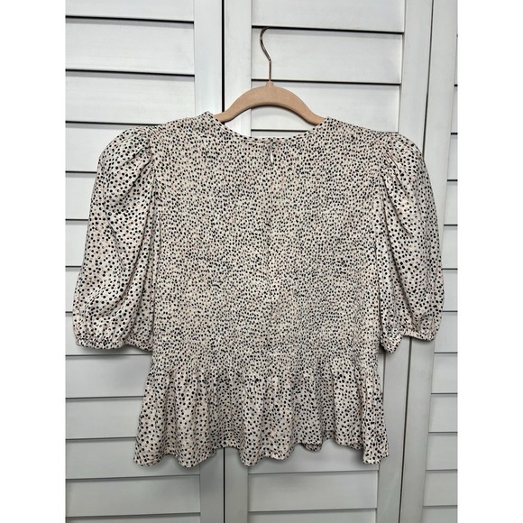 Express Polka Dot Puff Sleeve Linen Blend Smocked Peplum Top Women's Size Medium - Picture 8 of 8